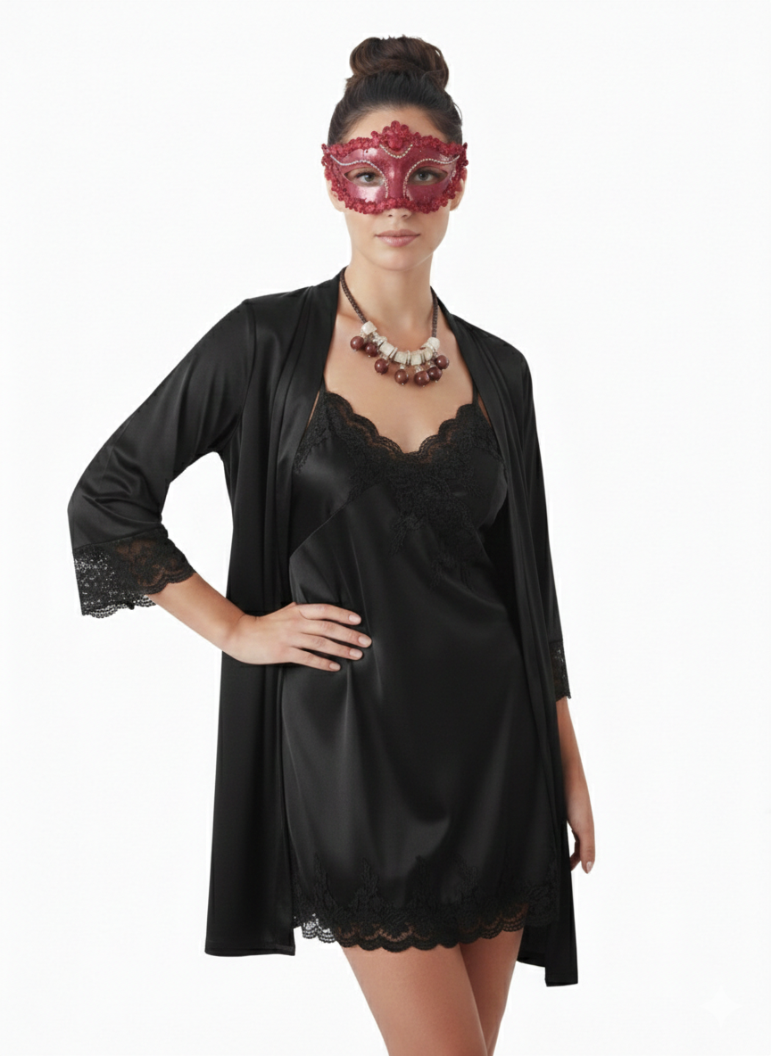 3 Pcs-Midnight Sapphire Nightwear Set (Black)