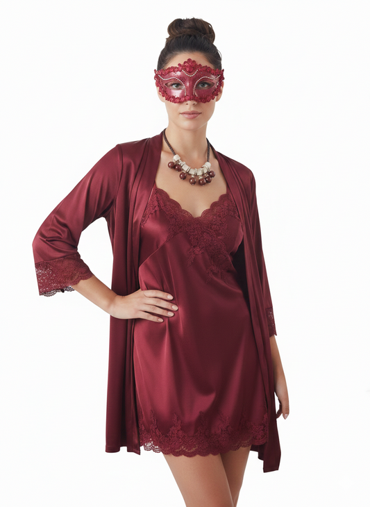 3 Pcs-Midnight Sapphire Nightwear Set (Maroon)