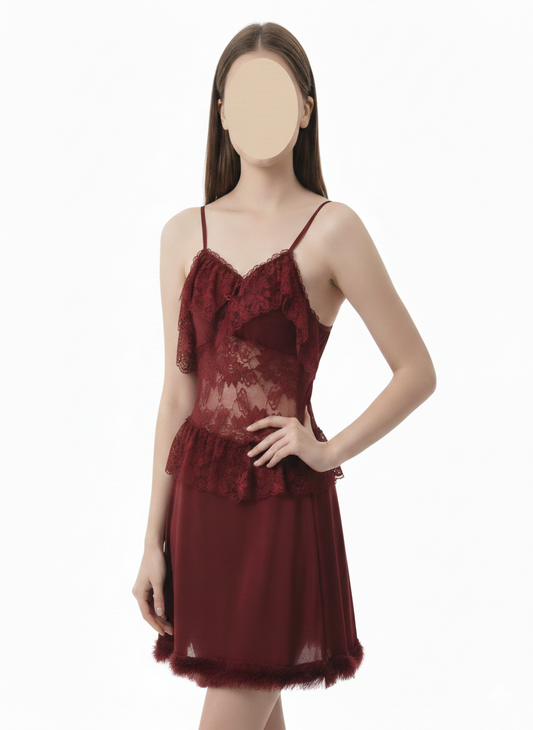 2Pcs-Floral Lace Babydoll Sleepwear (Maroon)