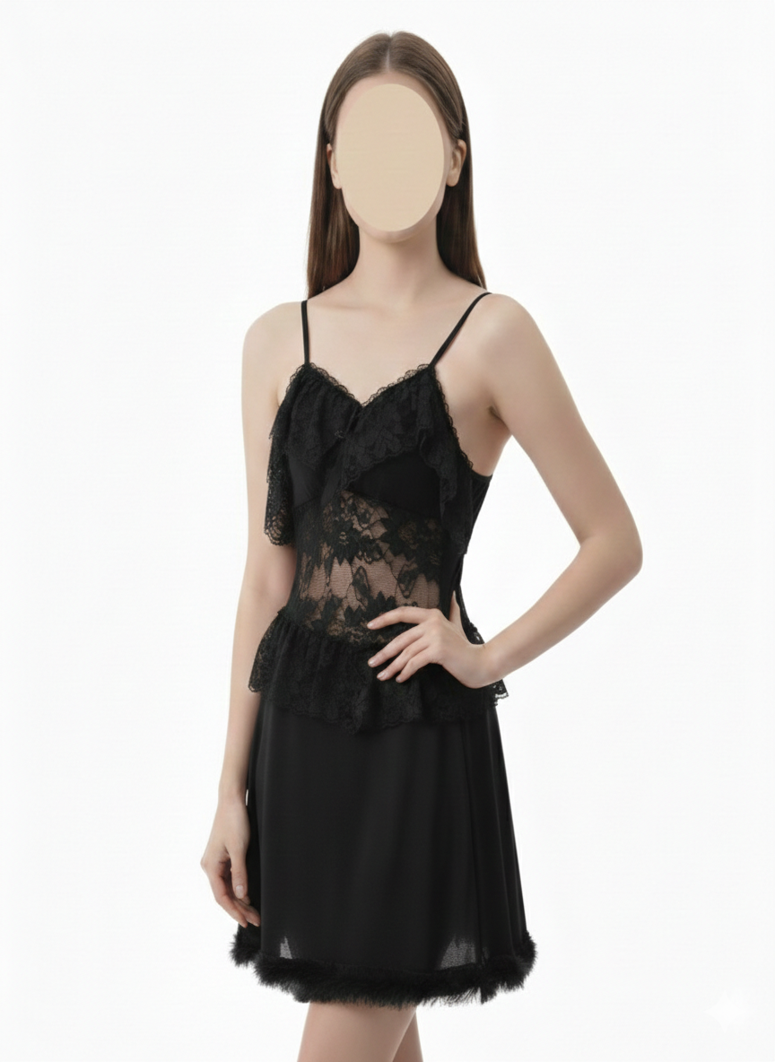 2 Pcs-Floral Lace Babydoll Sleepwear (Black)