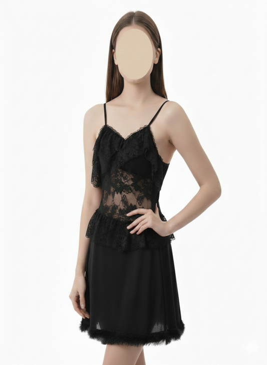 2 Pcs-Floral Lace Babydoll Sleepwear (Black)